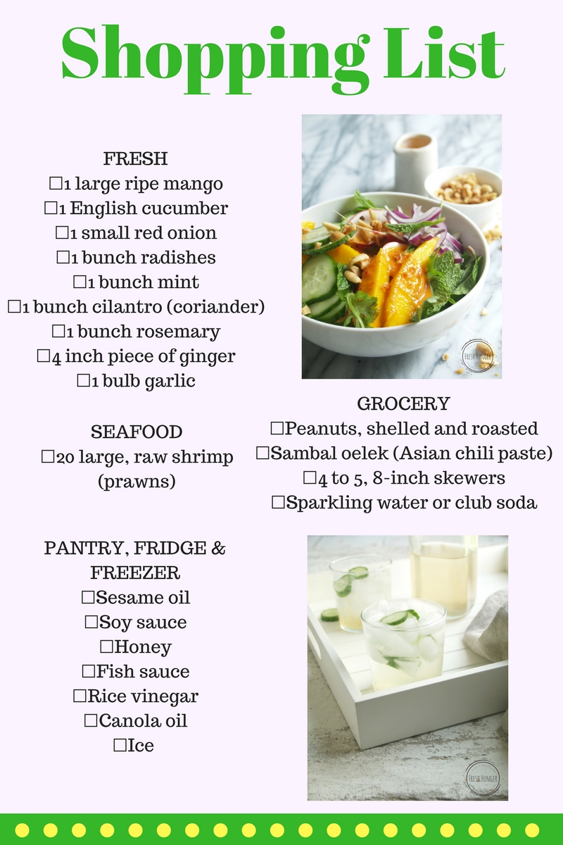 Shopping List for the Spicy Sambal Shrimp and Mango Salad and Ginger Cucumber Spritzers